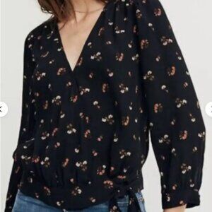 Madewell: Black Dainty Floral Faux Wrap Side Tie Top Blouse